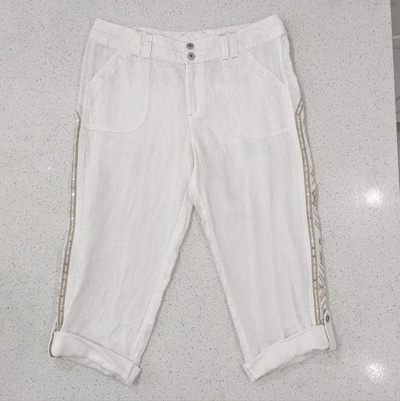 INC International Concepts Woman 100% Linen White Crop Capri Pants Embroidered 8 - Picture 3 of 13